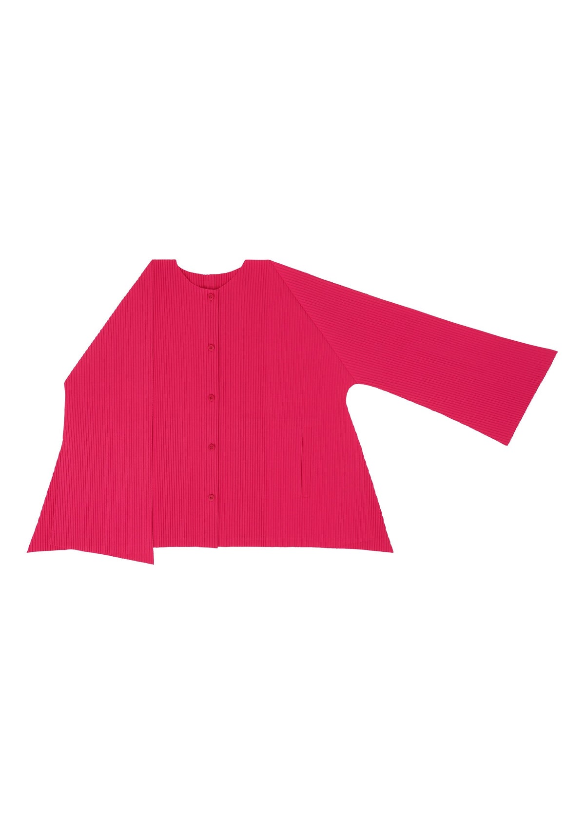 The FLARE PLEATS cardigan by me ISSEY MIYAKE is a bright pink, fine-knit piece with long sleeves, pleated design, and uneven asymmetric hem and sleeves, displayed flat on a white background. view 6 of 9