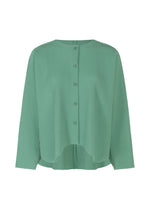 The AURORA PLEATS by me ISSEY MIYAKE is a light green, long-sleeved pleated knit cardigan with a button-up front, subtle texture, and slightly curved hem. - SAGE GREEN （no.61）