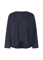 The AURORA PLEATS cardigan by me ISSEY MIYAKE is a navy, long-sleeved knit with a round neckline, button-down front, and fine pleats, displayed against a plain white background. - NAVY （no.75）