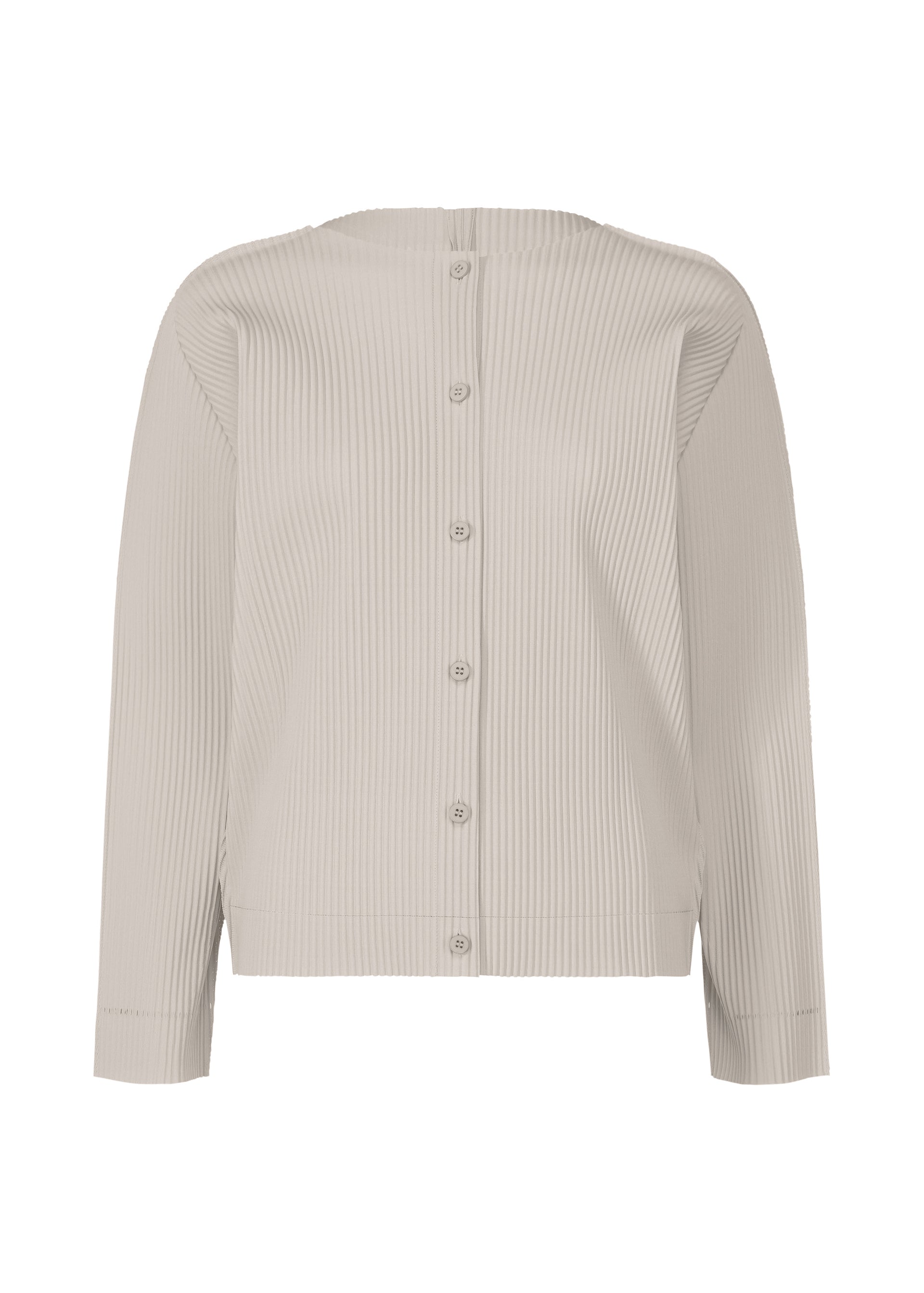 Zoomed view The FINE KNIT PLEATS COLOR 2 cardigan by me ISSEY MIYAKE features a light beige shade, long sleeves, ribbed texture, and button-up front. Shown front-facing on a plain white background. - LIGHT GRAY （no.11）
