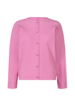 The FINE KNIT PLEATS COLOR 2 cardigan by me ISSEY MIYAKE is a light pink, long-sleeve fine knit with a ribbed button-up design and round neckline, displayed against a plain white background. - ROSE PINK （no.21）