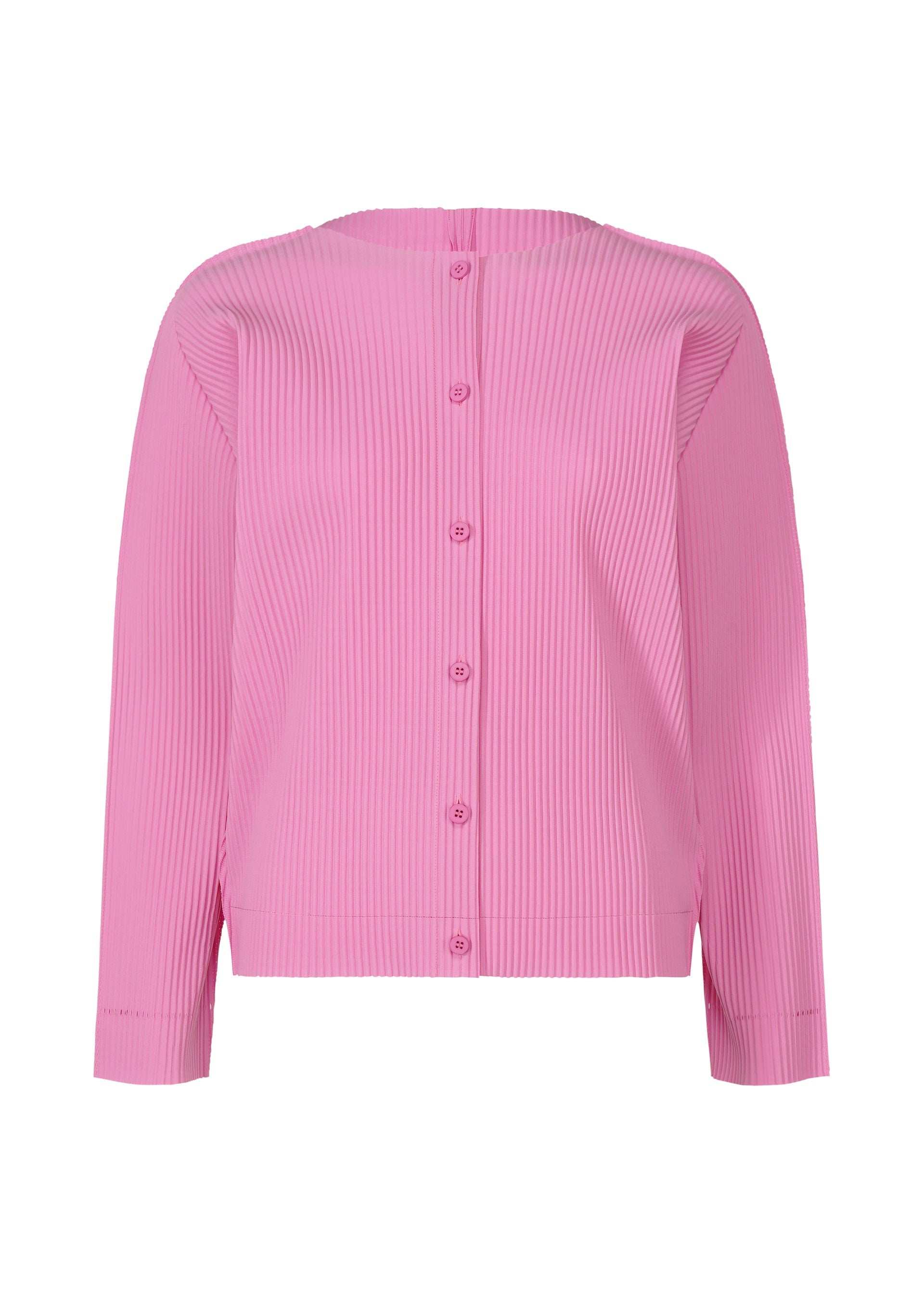 Zoomed view The FINE KNIT PLEATS COLOR 2 cardigan by me ISSEY MIYAKE is a light pink, long-sleeve fine knit with a ribbed button-up design and round neckline, displayed against a plain white background. - ROSE PINK （no.21）