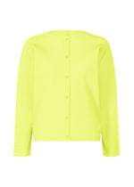 The FINE KNIT PLEATS COLOR 2 by me ISSEY MIYAKE is a bright yellow, long-sleeved fine knit cardigan with five visible back buttons and a straight hem. - CITRUS YELLOW （no.50）