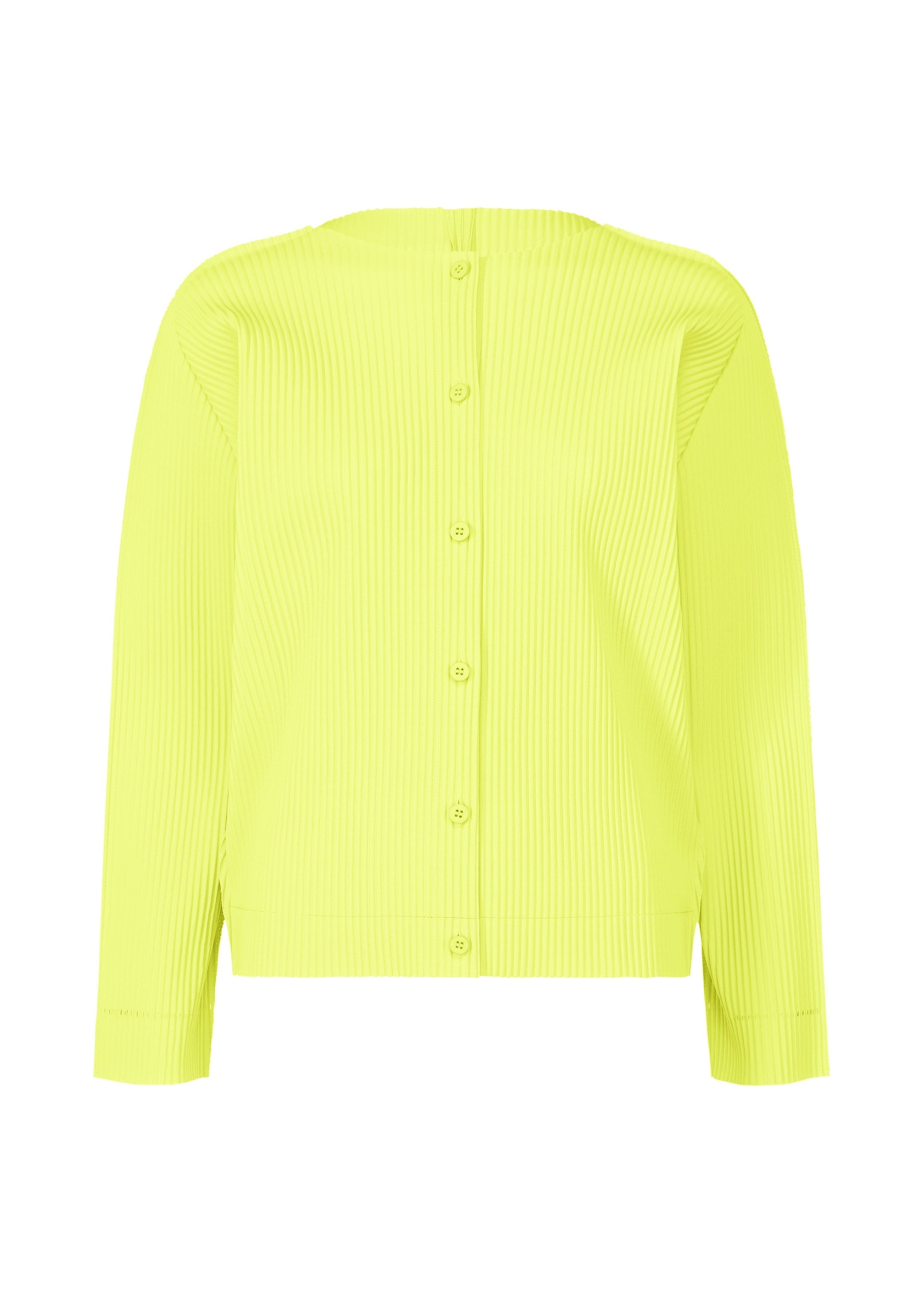 Zoomed view The FINE KNIT PLEATS COLOR 2 by me ISSEY MIYAKE is a bright yellow, long-sleeved fine knit cardigan with five visible back buttons and a straight hem. - CITRUS YELLOW （no.50）