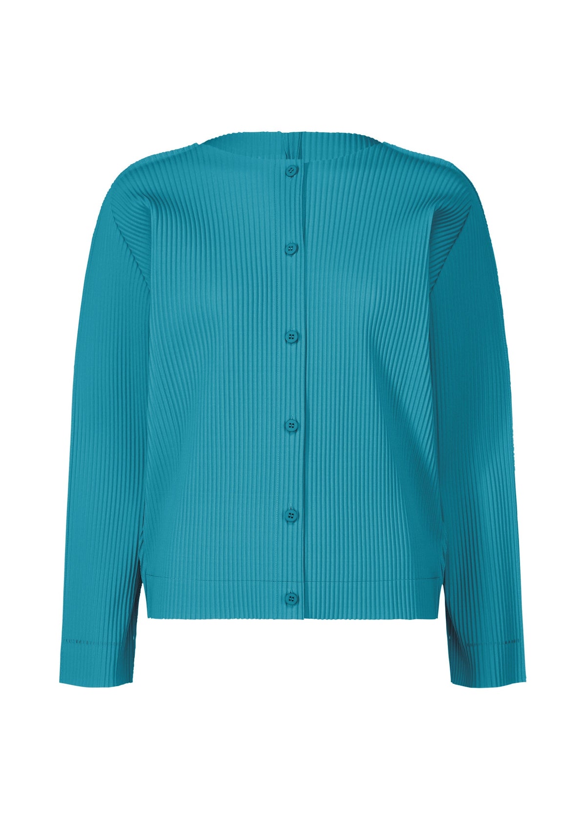 The FINE KNIT PLEATS COLOR 2 by me ISSEY MIYAKE is a teal long-sleeve pleated cardigan with a button-up front, round neckline, and straight hem, shown against a white background for a modern look. view 4 of 8