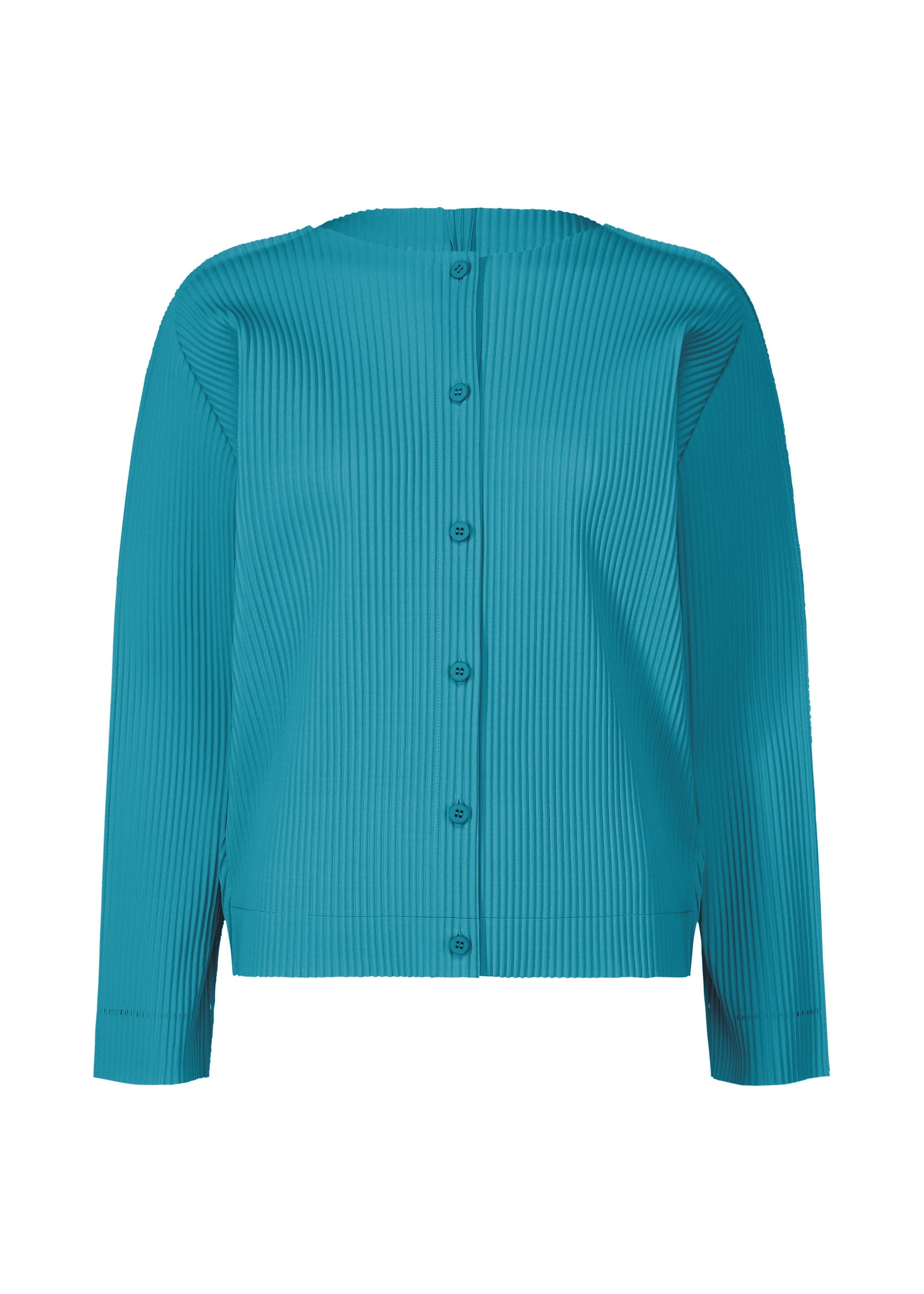 Zoomed view The FINE KNIT PLEATS COLOR 2 by me ISSEY MIYAKE is a teal long-sleeve pleated cardigan with a button-up front, round neckline, and straight hem, shown against a white background for a modern look. - TURQUOISE （no.73）
