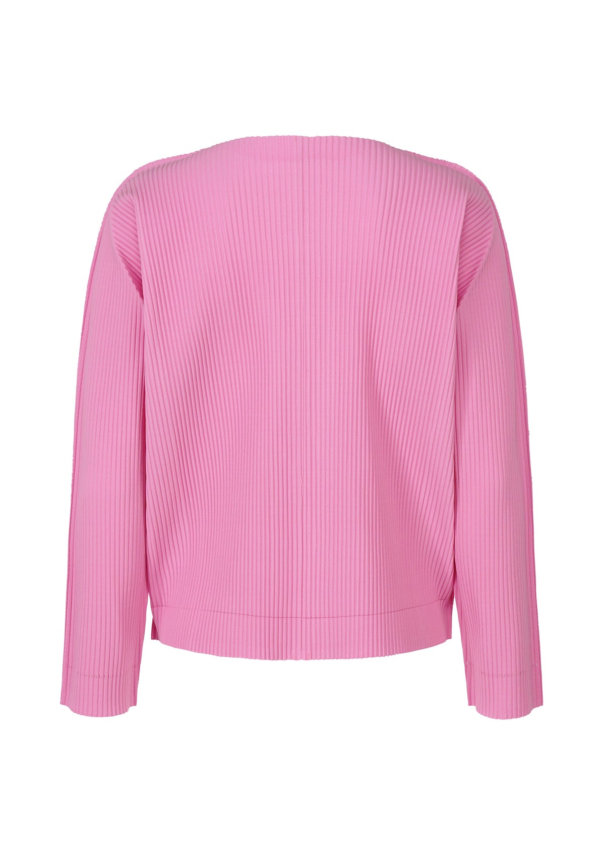 The FINE KNIT PLEATS COLOR 2 by me ISSEY MIYAKE is a long-sleeved, ribbed pink cardigan with a relaxed fit, shown from the back on a white background. It features fine knit fabric and no visible fastenings or embellishments. view 5 of 8