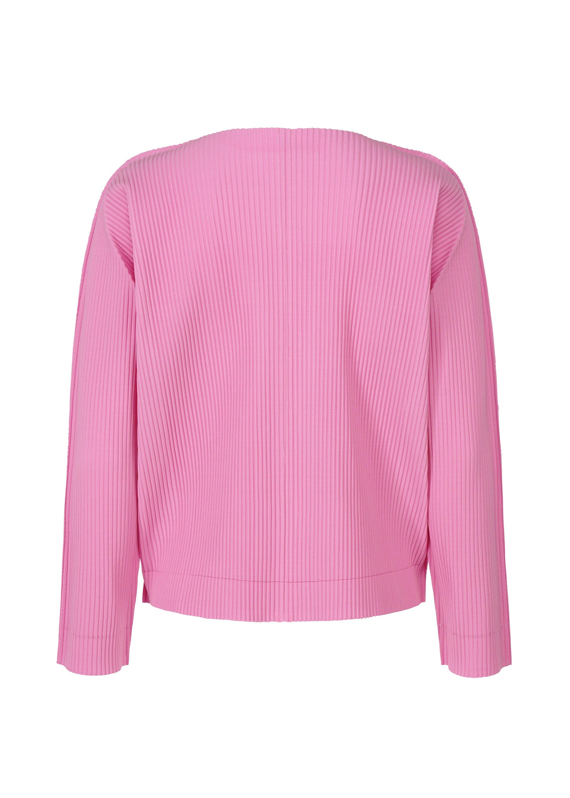 Zoomed view The FINE KNIT PLEATS COLOR 2 by me ISSEY MIYAKE is a long-sleeved, ribbed pink cardigan with a relaxed fit, shown from the back on a white background. It features fine knit fabric and no visible fastenings or embellishments.
