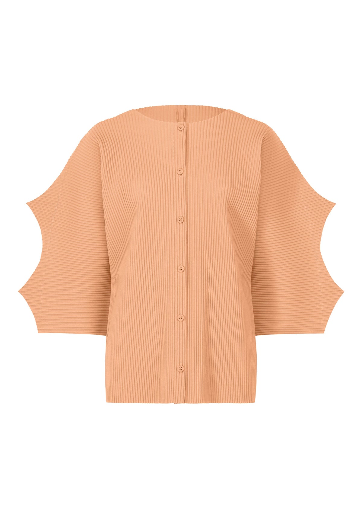The GIZA GIZA PLEATS by me ISSEY MIYAKE is a peach ribbed button-up cardigan with wide scalloped sleeves, a round neckline, and fine knit pleats, shown on a white background. view 1 of 10