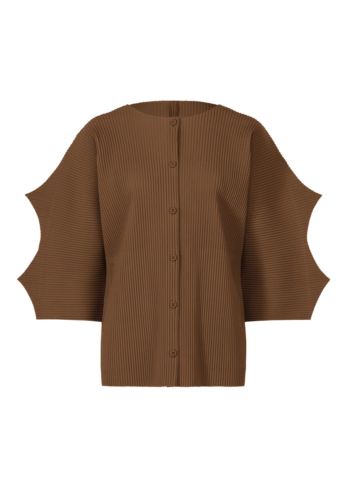 The GIZA GIZA PLEATS cardigan by me ISSEY MIYAKE is a brown, pleated knit design with wide, structured sleeves and angular cutouts, featuring fine knit pleats for an architectural, modern look. view 2 of 10
