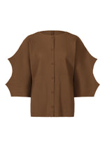 The GIZA GIZA PLEATS cardigan by me ISSEY MIYAKE is a brown, pleated knit design with wide, structured sleeves and angular cutouts, featuring fine knit pleats for an architectural, modern look. - BROWN （no.44）