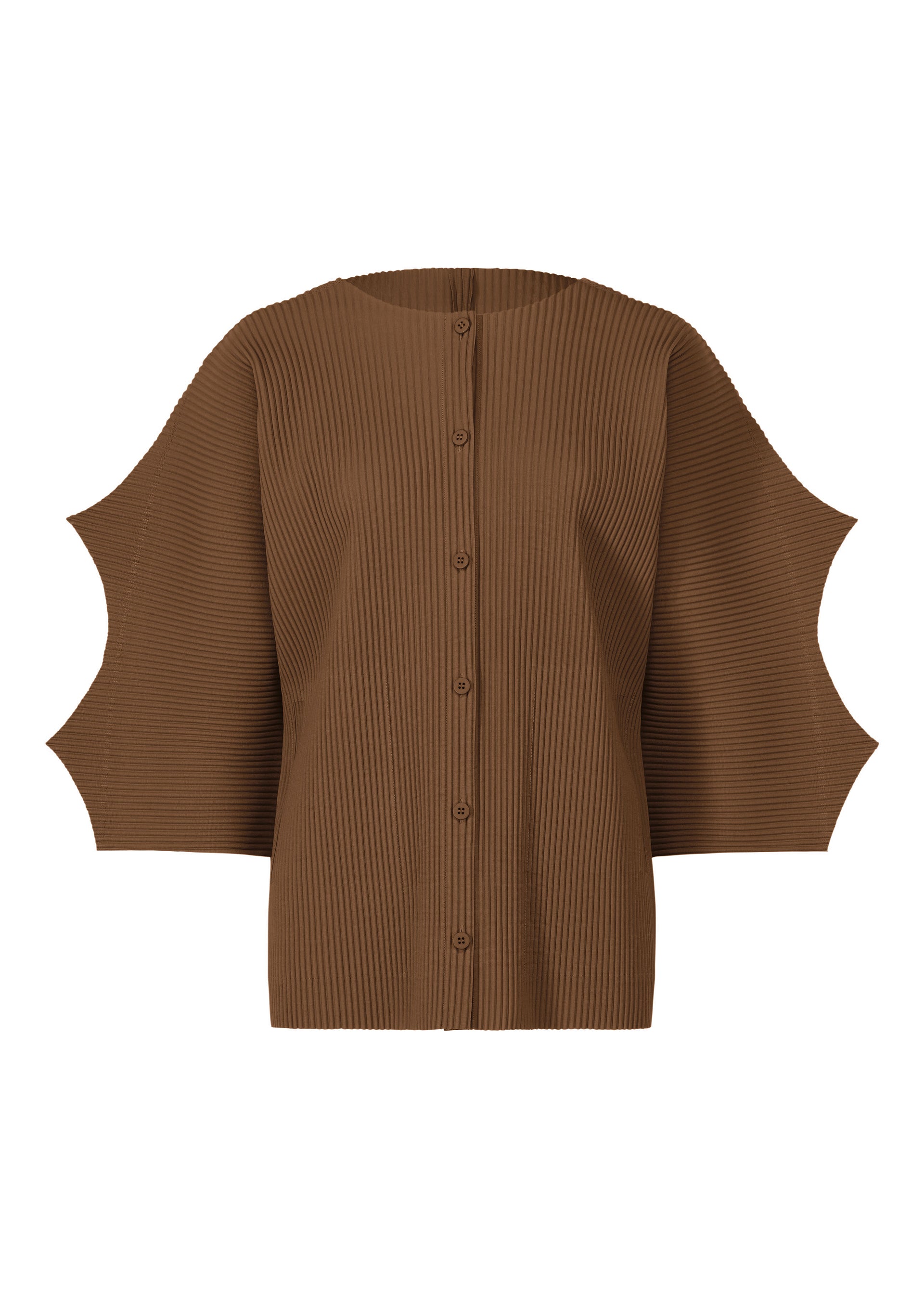 Zoomed view The GIZA GIZA PLEATS cardigan by me ISSEY MIYAKE is a brown, pleated knit design with wide, structured sleeves and angular cutouts, featuring fine knit pleats for an architectural, modern look. - BROWN （no.44）