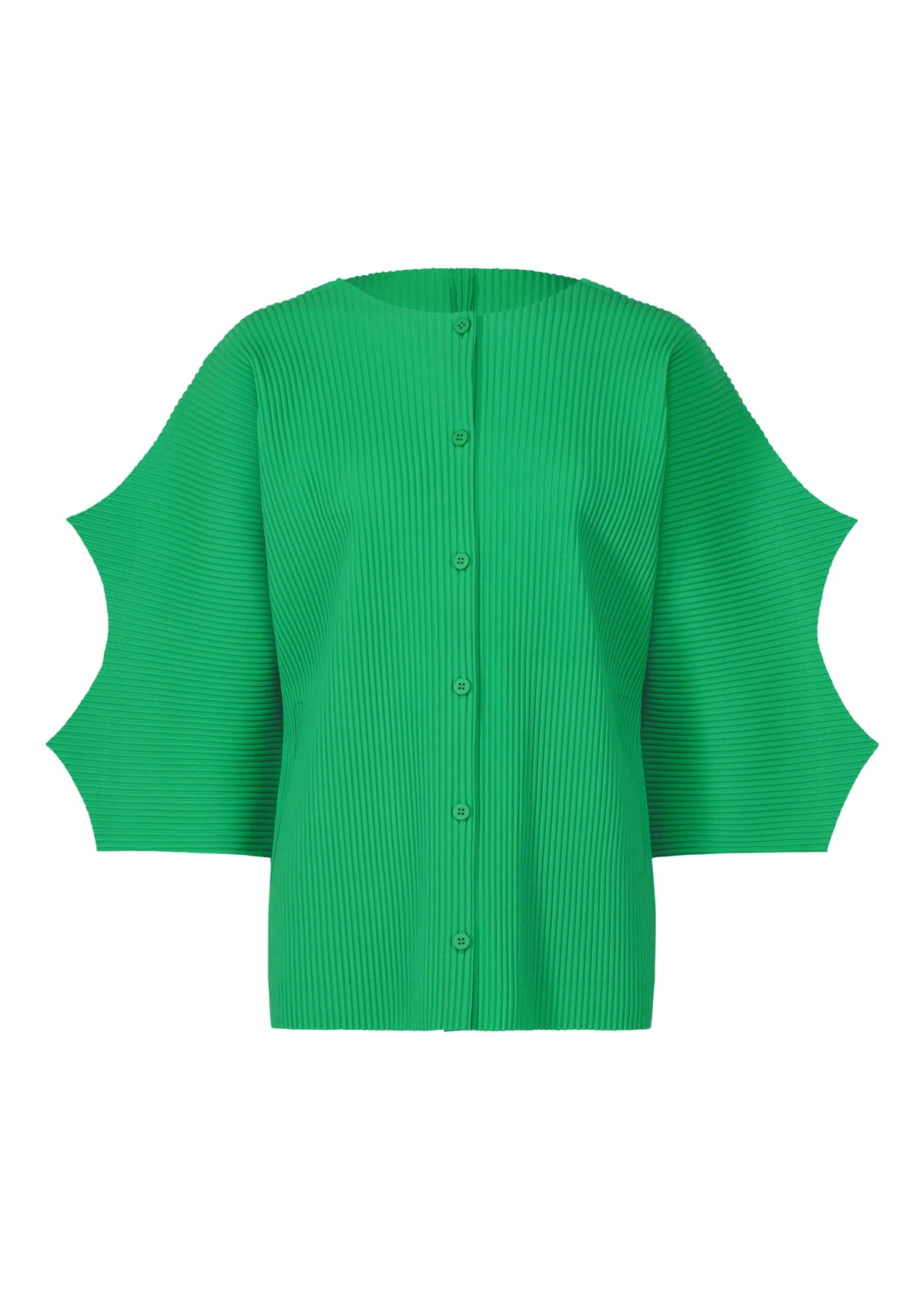 The GIZA GIZA PLEATS by me ISSEY MIYAKE is a vibrant green knit cardigan featuring bold pleats and wide, sculptural sleeves that create a striking geometric look. view 3 of 10