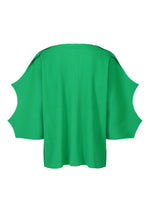 The GIZA GIZA PLEATS cardigan by me ISSEY MIYAKE features a bright green pleated knit, wide angular batwing sleeves, and a loose draped silhouette, shown against a white background.