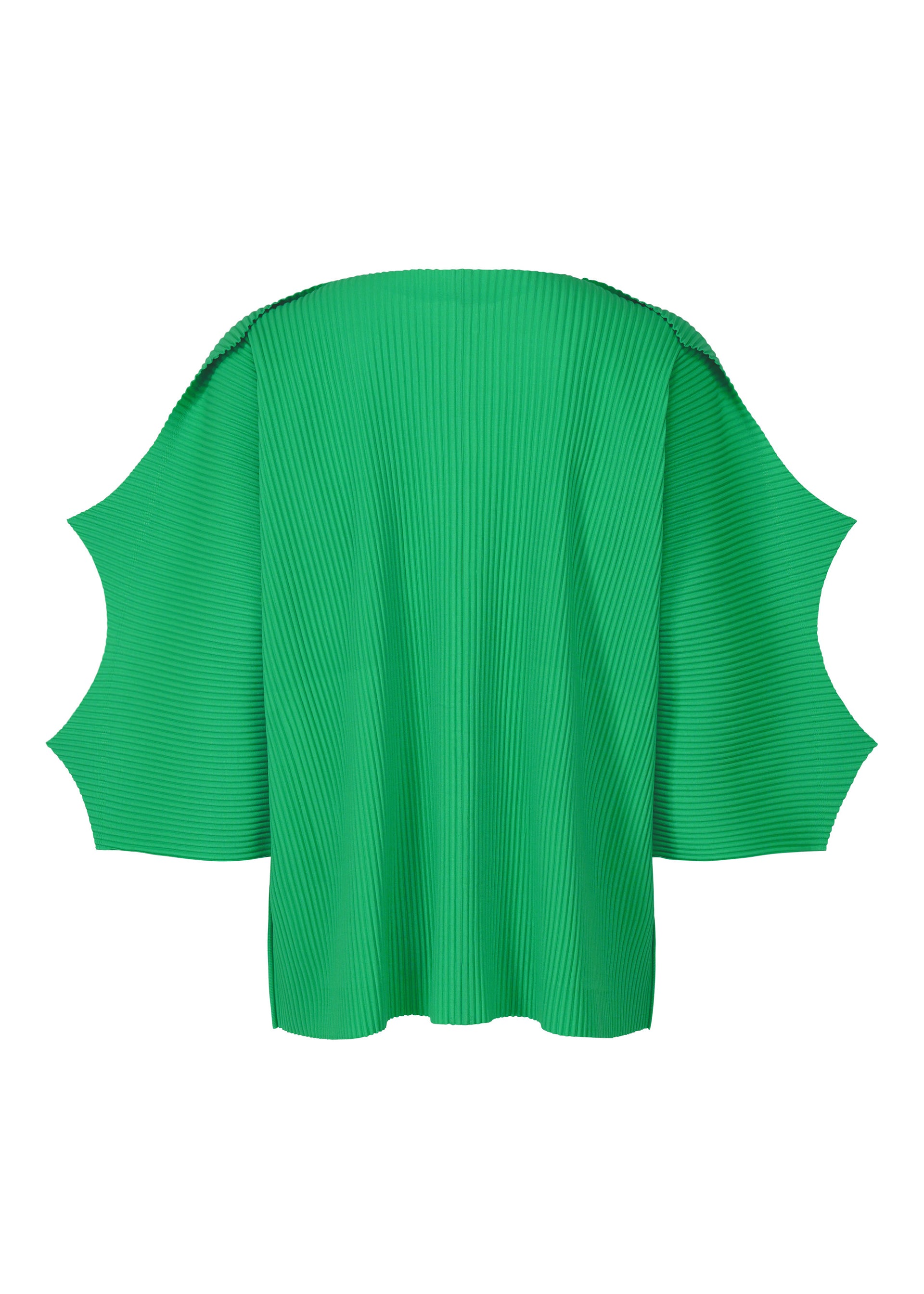 Zoomed view The GIZA GIZA PLEATS cardigan by me ISSEY MIYAKE features a bright green pleated knit, wide angular batwing sleeves, and a loose draped silhouette, shown against a white background.