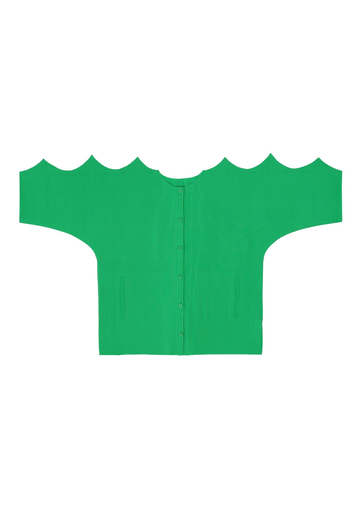 The GIZA GIZA PLEATS by me ISSEY MIYAKE is a bright green, short-sleeve knit cardigan with a button front, scalloped neckline and sleeve edges, and fine pleats, displayed flat on a white background. view 6 of 10