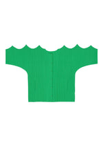 The GIZA GIZA PLEATS by me ISSEY MIYAKE is a bright green, short-sleeve knit cardigan with a button front, scalloped neckline and sleeve edges, and fine pleats, displayed flat on a white background.