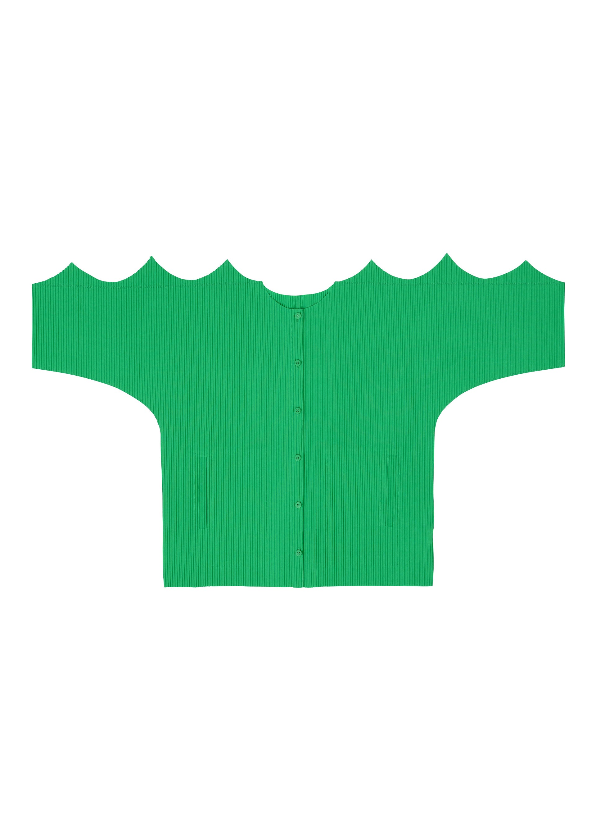 Zoomed view The GIZA GIZA PLEATS by me ISSEY MIYAKE is a bright green, short-sleeve knit cardigan with a button front, scalloped neckline and sleeve edges, and fine pleats, displayed flat on a white background.
