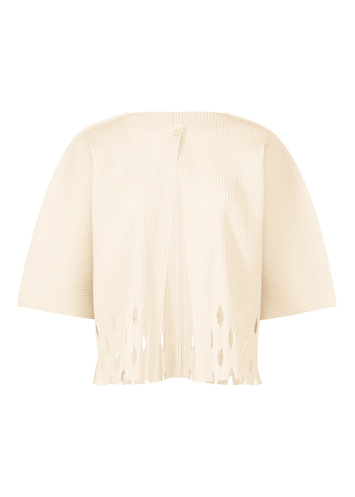 The APERTURE PLEATS by me ISSEY MIYAKE is a cream-colored, short-sleeved ribbed cardigan with a round neck, single button closure, laser-cut hem detailing, and fine knit pleats for textured structure. view 1 of 7