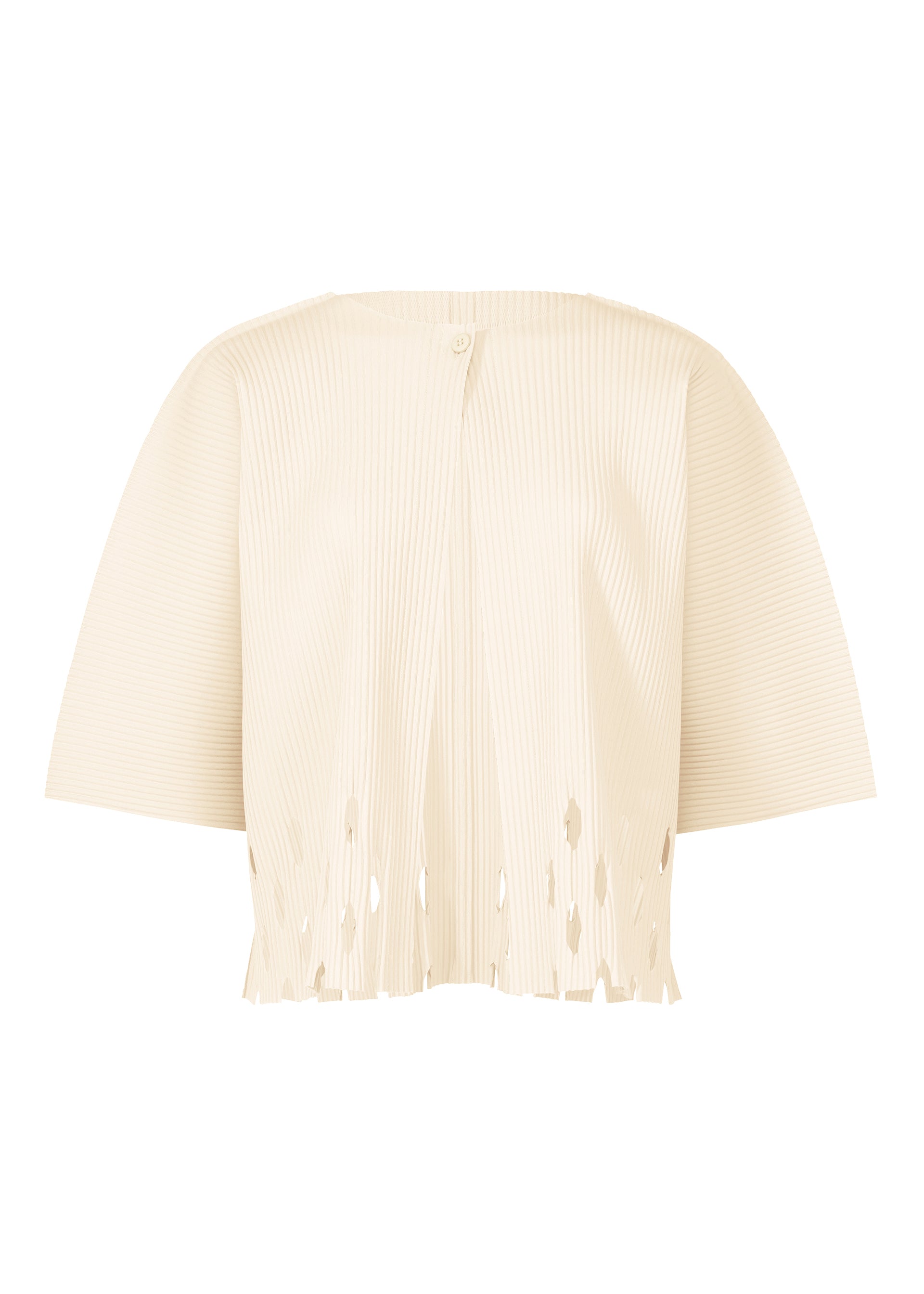 Zoomed view The APERTURE PLEATS by me ISSEY MIYAKE is a cream-colored, short-sleeved ribbed cardigan with a round neck, single button closure, laser-cut hem detailing, and fine knit pleats for textured structure. - WHITE （no.01）