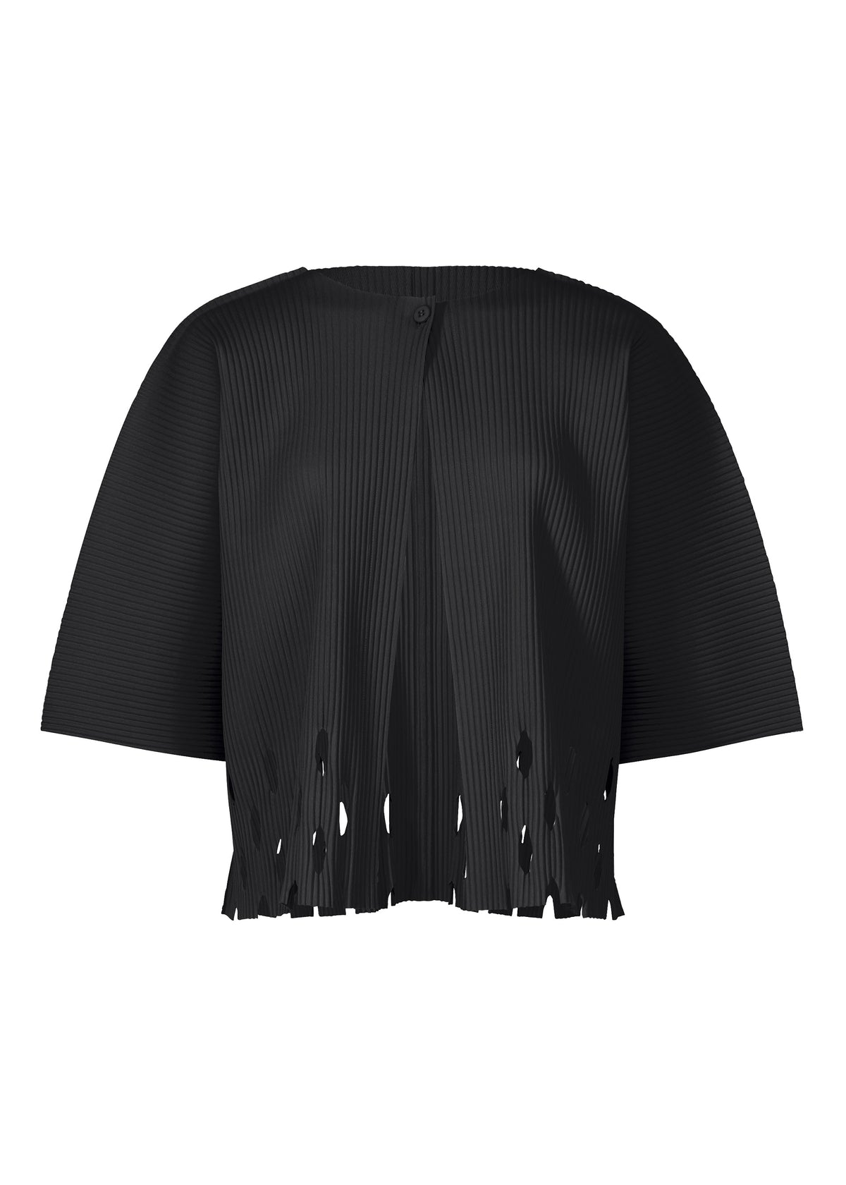 The APERTURE PLEATS by me ISSEY MIYAKE is a black, short-sleeved pleated knit jacket with a round neck, fringe-like cutout hem, boxy silhouette, fine knit pleats, and a single-button top closure. view 2 of 7