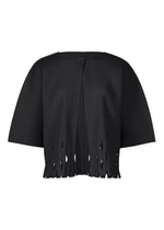 The APERTURE PLEATS by me ISSEY MIYAKE is a black, short-sleeved pleated knit jacket with a round neck, fringe-like cutout hem, boxy silhouette, fine knit pleats, and a single-button top closure. - BLACK （no.15）