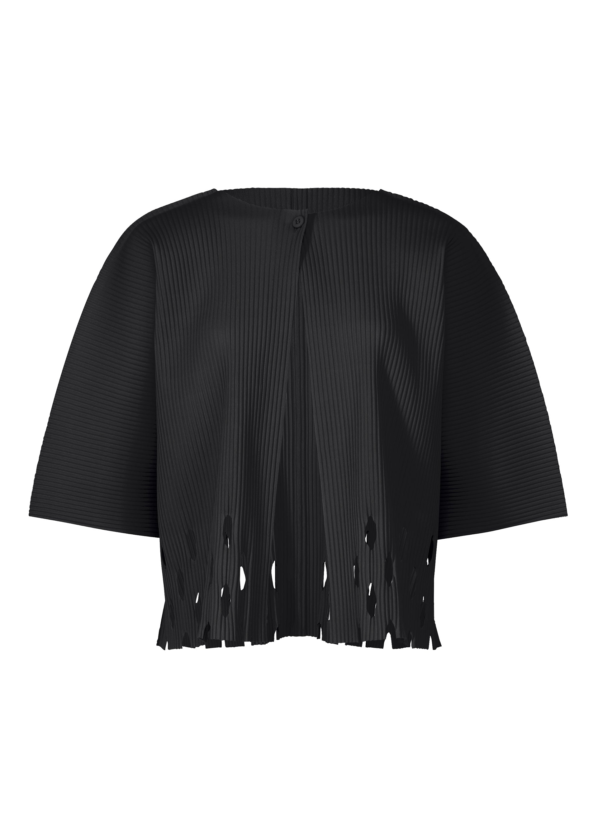 Zoomed view The APERTURE PLEATS by me ISSEY MIYAKE is a black, short-sleeved pleated knit jacket with a round neck, fringe-like cutout hem, boxy silhouette, fine knit pleats, and a single-button top closure. - BLACK （no.15）