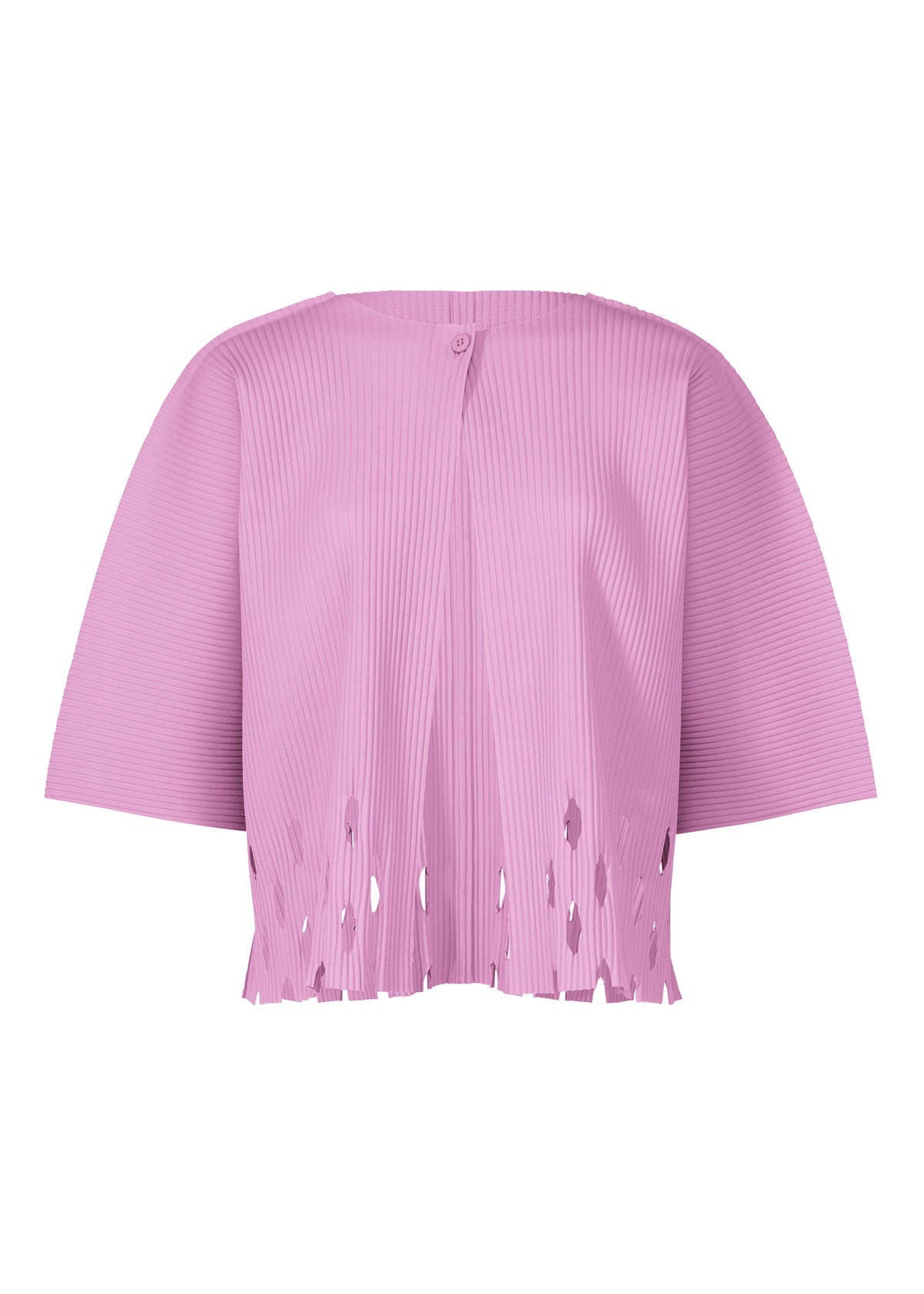 The APERTURE PLEATS by me ISSEY MIYAKE is a pink pleated knit top featuring a single button at the neckline and distressed hem details. view 3 of 7