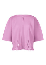 The APERTURE PLEATS by me ISSEY MIYAKE is a pink pleated knit top featuring a single button at the neckline and distressed hem details. - LILAC （no.20）