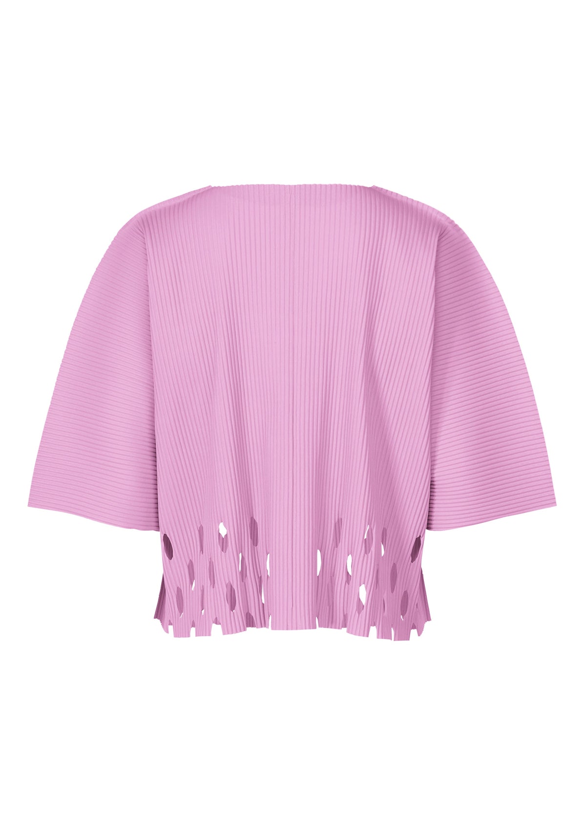 The APERTURE PLEATS by me ISSEY MIYAKE is a loose-fit, light purple knit top featuring pleats, wide sleeves, and a scalloped cut-out hem, shown against a white background. view 4 of 7
