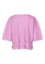 The APERTURE PLEATS by me ISSEY MIYAKE is a loose-fit, light purple knit top featuring pleats, wide sleeves, and a scalloped cut-out hem, shown against a white background.