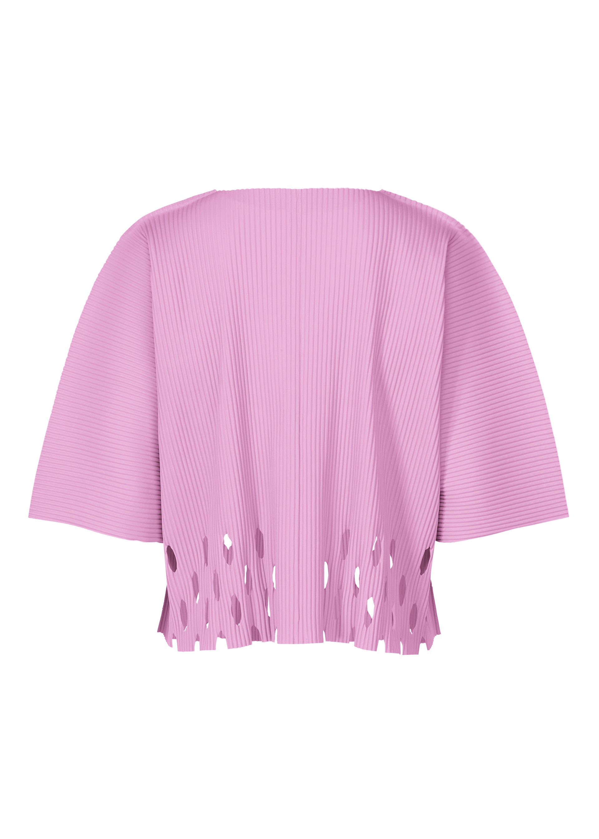 Zoomed view The APERTURE PLEATS by me ISSEY MIYAKE is a loose-fit, light purple knit top featuring pleats, wide sleeves, and a scalloped cut-out hem, shown against a white background.