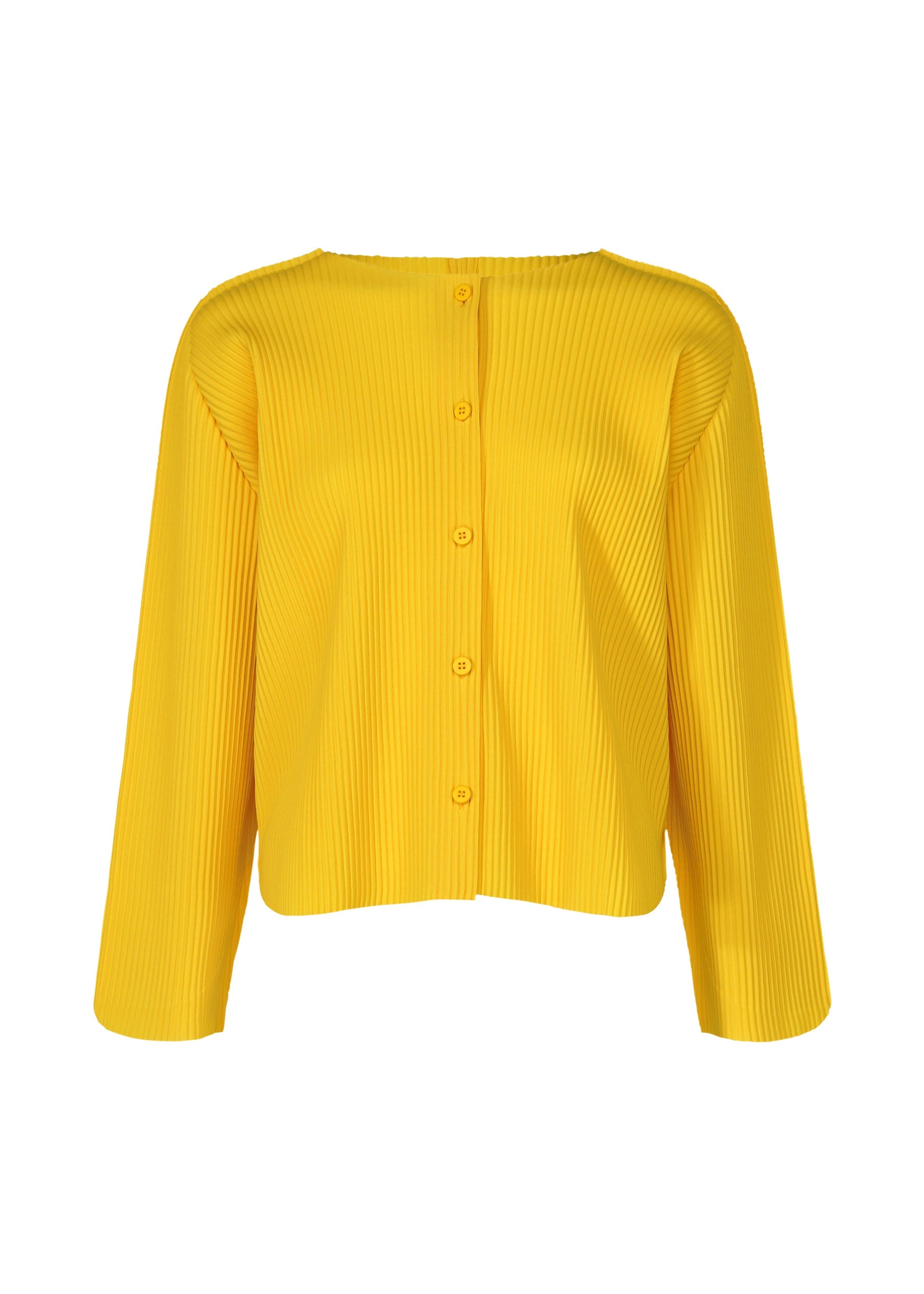 Zoomed view The ROUND PLEATS by me ISSEY MIYAKE is a bright yellow, long-sleeve, button-up blouse with a round neckline and vertical pleats, shown here on a plain white background. - CANARY YELLOW （no.53）