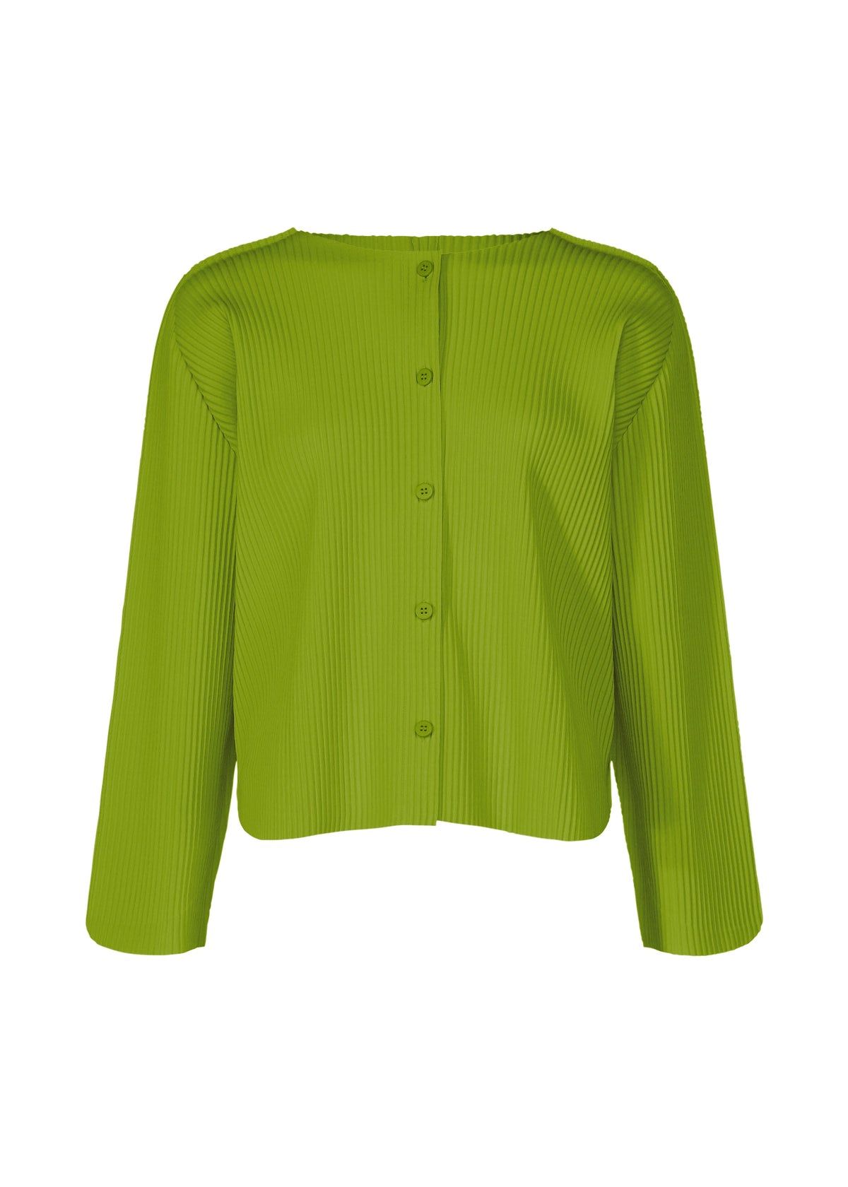 The ROUND PLEATS cardigan by me ISSEY MIYAKE features long sleeves, lime green vertical pleats, a round neckline, and front button closure, displayed against a plain white background. view 2 of 7