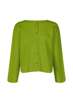 The ROUND PLEATS cardigan by me ISSEY MIYAKE features long sleeves, lime green vertical pleats, a round neckline, and front button closure, displayed against a plain white background. - LEAF GREEN （no.60）