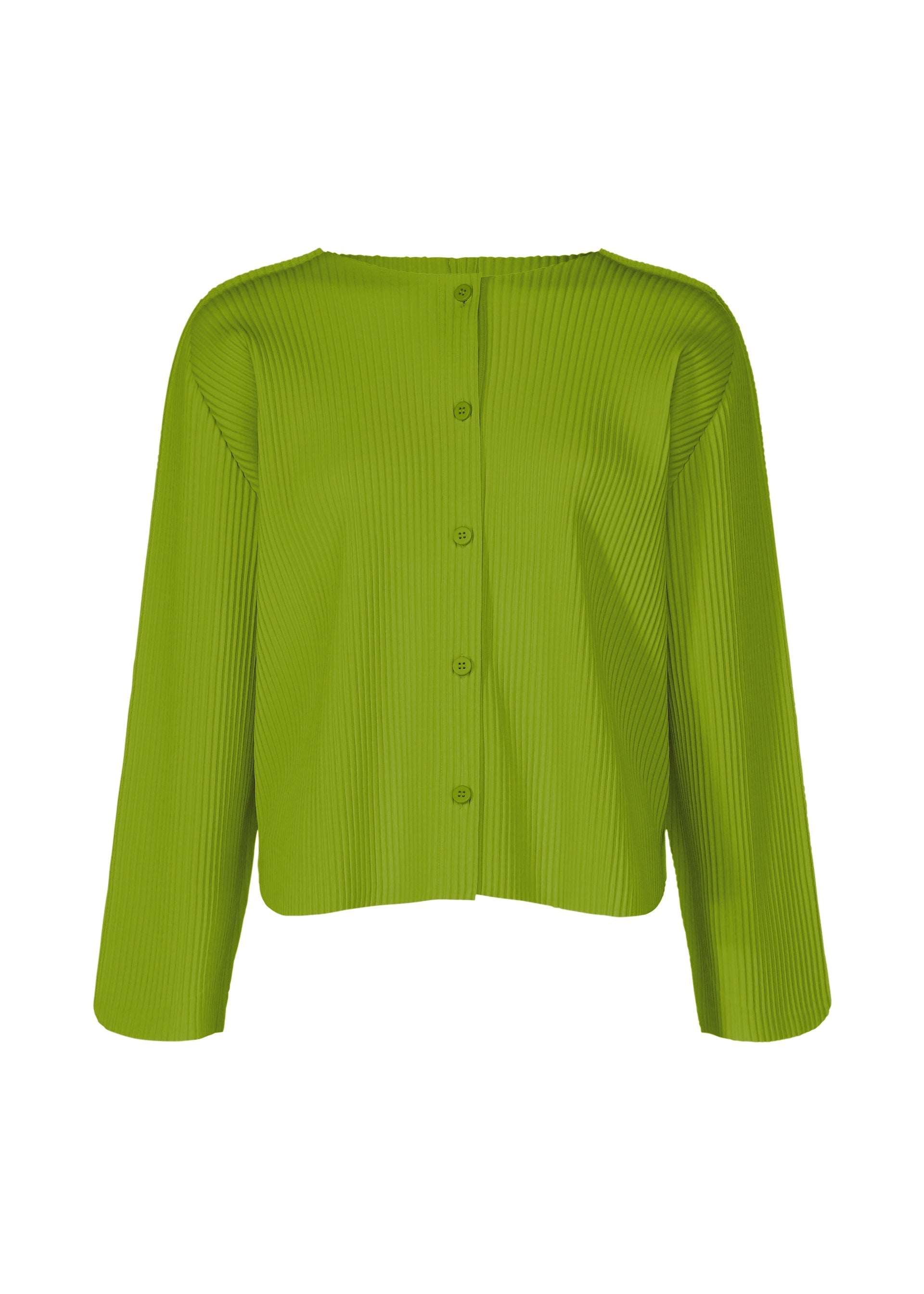 Zoomed view The ROUND PLEATS cardigan by me ISSEY MIYAKE features long sleeves, lime green vertical pleats, a round neckline, and front button closure, displayed against a plain white background. - LEAF GREEN （no.60）
