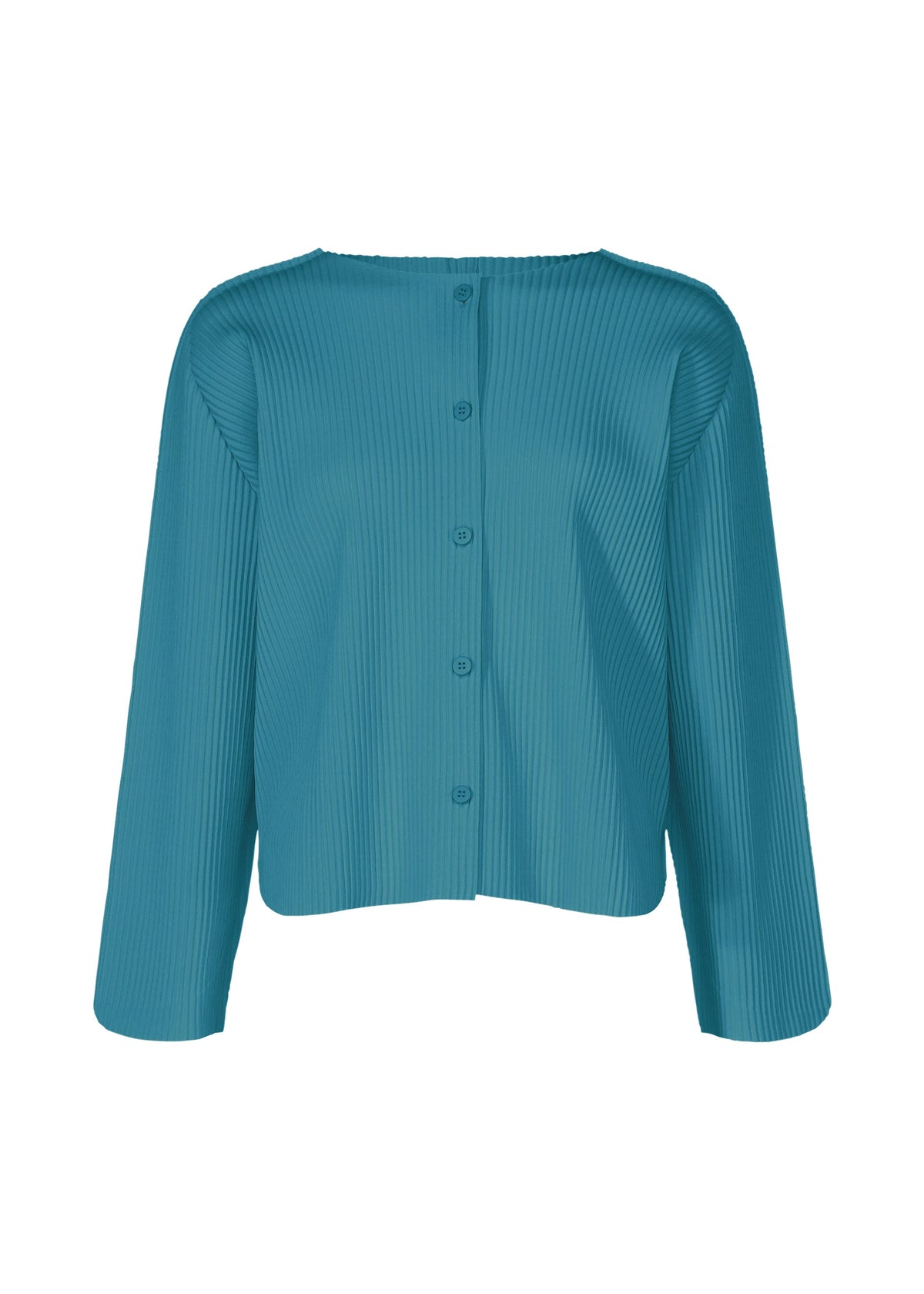 The ROUND PLEATS by me ISSEY MIYAKE is a teal, long-sleeve cardigan with a round neckline and vertical pleats. Featuring a relaxed fit and button-up front, it's a lightweight, unembellished layer for everyday wear. view 3 of 7