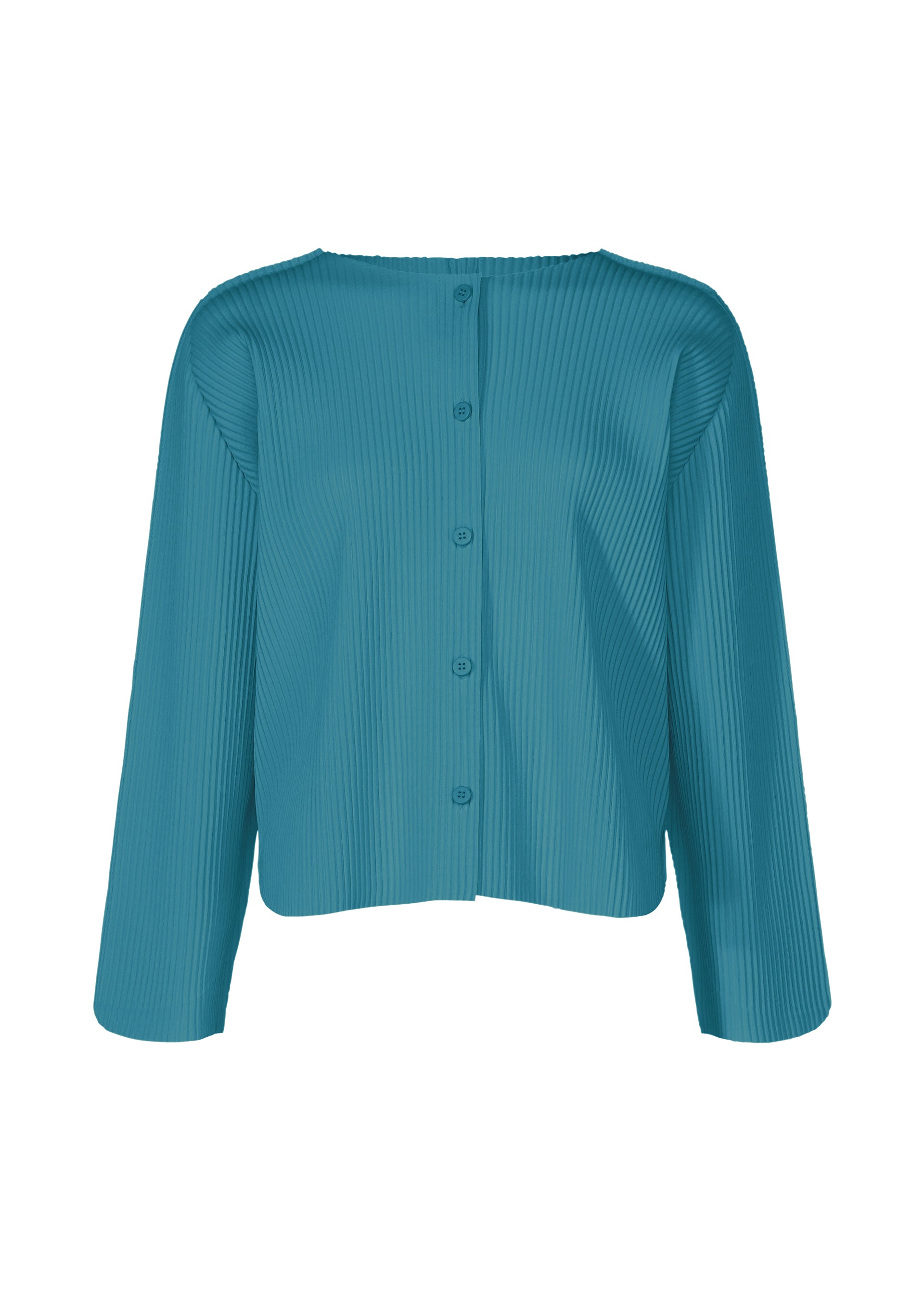 Zoomed view The ROUND PLEATS by me ISSEY MIYAKE is a teal, long-sleeve cardigan with a round neckline and vertical pleats. Featuring a relaxed fit and button-up front, it's a lightweight, unembellished layer for everyday wear. - NIGHT BLUE （no.71）