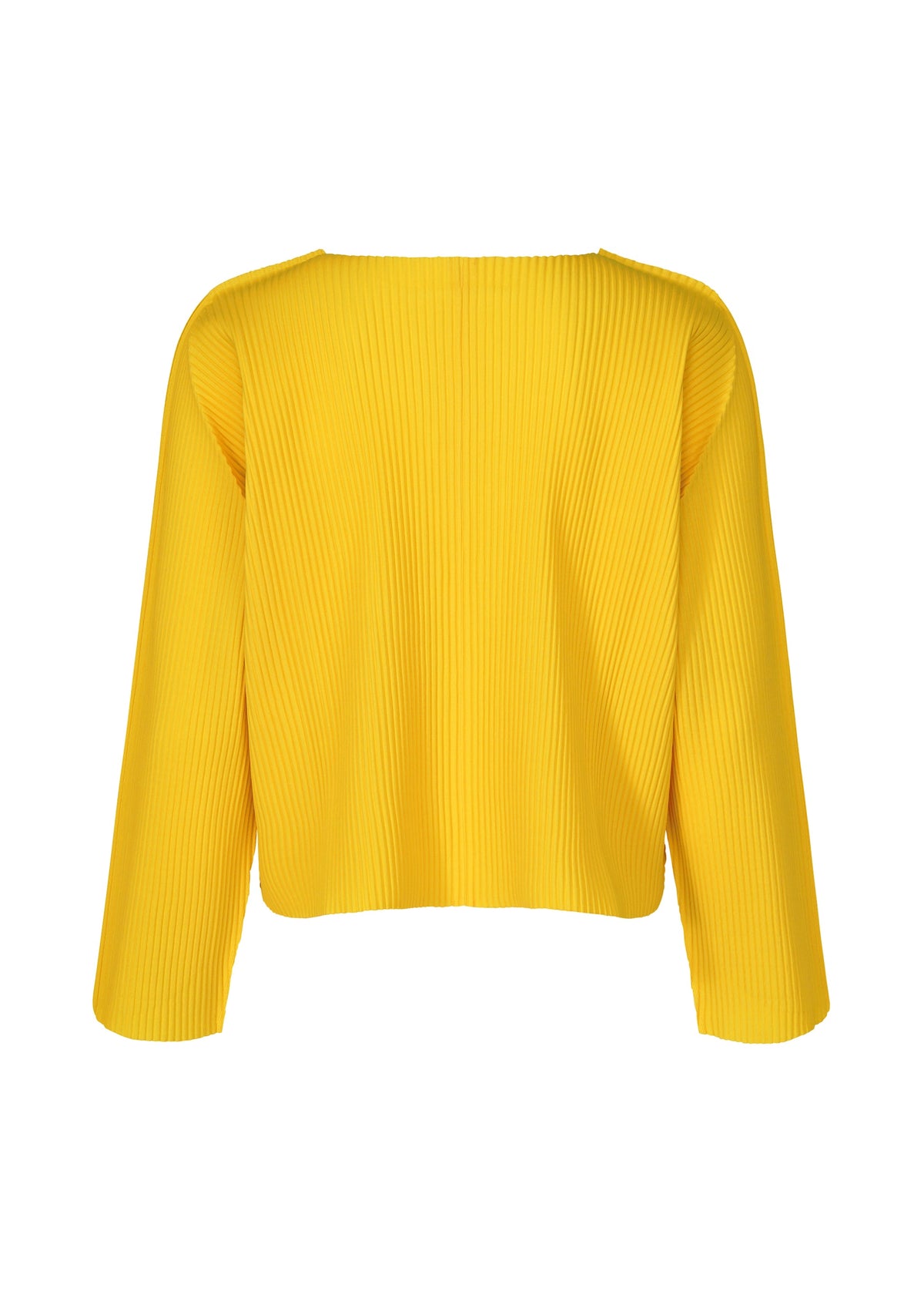 The ROUND PLEATS cardigan by me ISSEY MIYAKE is bright yellow with long sleeves, pleats, a straight neckline, and a loose boxy fit, shown on a plain white background. view 4 of 7