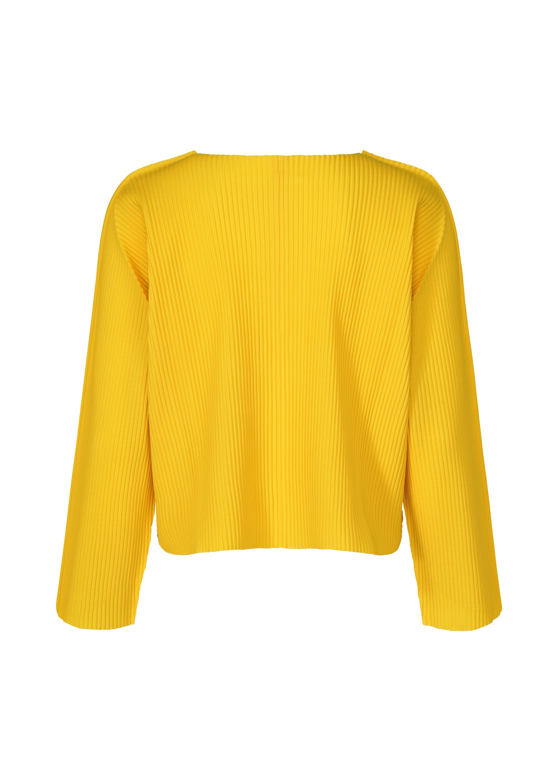 Zoomed view The ROUND PLEATS cardigan by me ISSEY MIYAKE is bright yellow with long sleeves, pleats, a straight neckline, and a loose boxy fit, shown on a plain white background.
