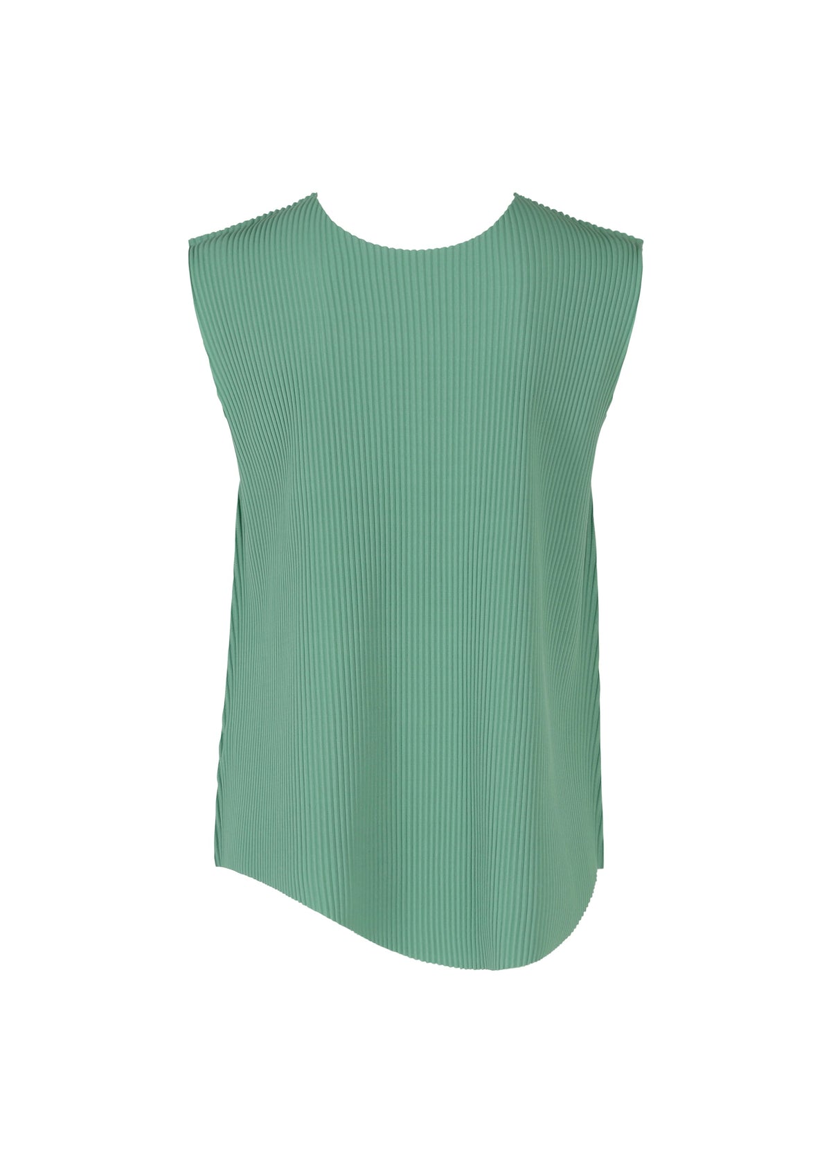 The AURORA PLEATS sleeveless mint green knit blouse by me ISSEY MIYAKE features pleats, a round neckline, and a subtle asymmetric hem, shown against a white background. view 4 of 8
