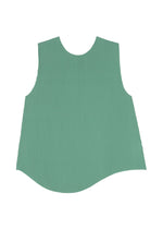 The AURORA PLEATS sleeveless top by me ISSEY MIYAKE, in light green, features a round neckline with fine knit pleats and a delicate vertical ribbed texture, shown against a plain white background.