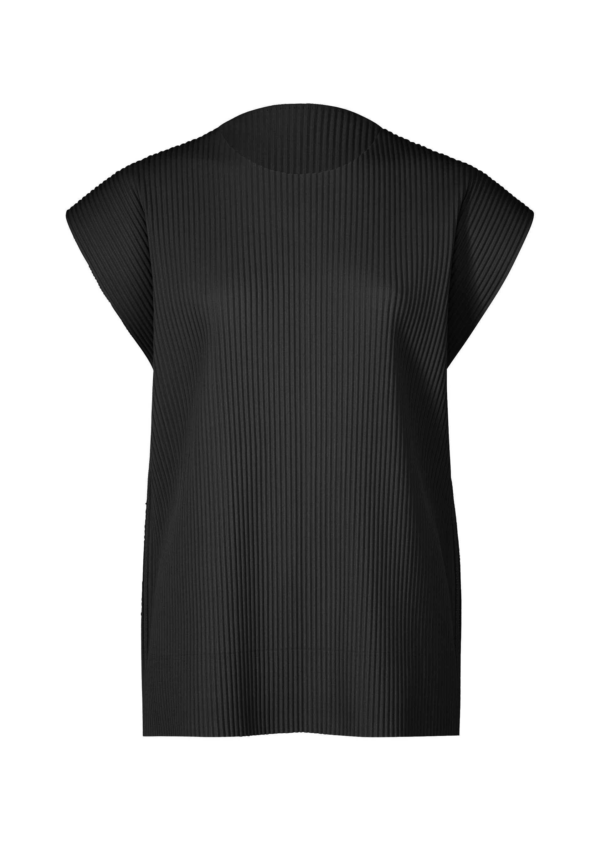 Zoomed view TRICK PLEATS by me ISSEY MIYAKE: A sleeveless black top with fine knit pleats, round neckline, and loose fit. The ribbed fabric adds texture and a subtle three-dimensional look. - BLACK （no.15）