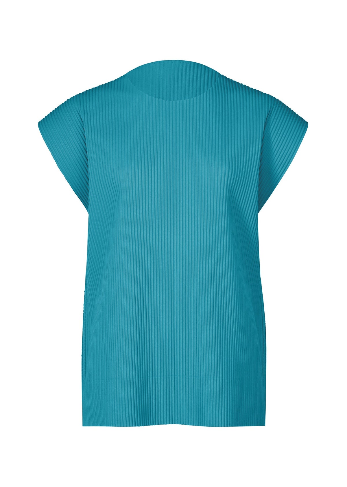 The TRICK PLEATS by me ISSEY MIYAKE is a sleeveless turquoise blouse with a round neckline and fine knit pleats, featuring a subtle three-dimensional silhouette, shown against a white background. view 3 of 8