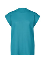 The TRICK PLEATS by me ISSEY MIYAKE is a sleeveless turquoise blouse with a round neckline and fine knit pleats, featuring a subtle three-dimensional silhouette, shown against a white background. - TURQUOISE （no.73）