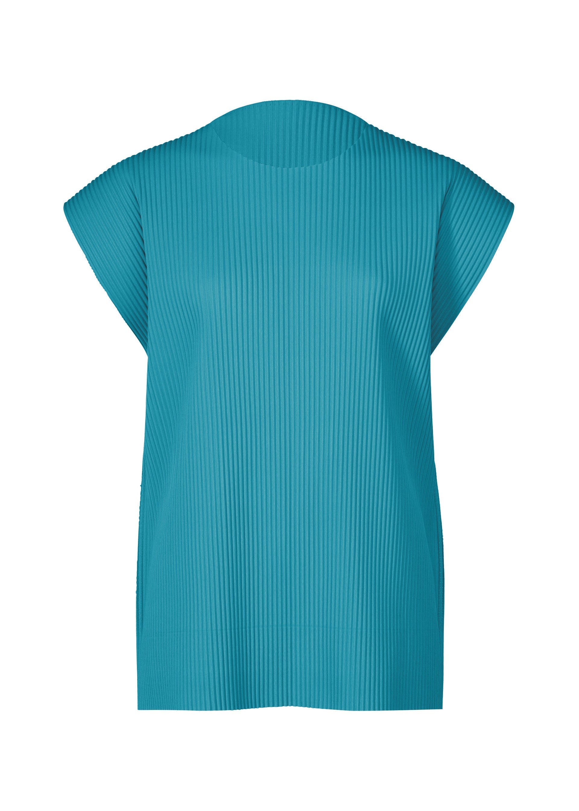 Zoomed view The TRICK PLEATS by me ISSEY MIYAKE is a sleeveless turquoise blouse with a round neckline and fine knit pleats, featuring a subtle three-dimensional silhouette, shown against a white background. - TURQUOISE （no.73）