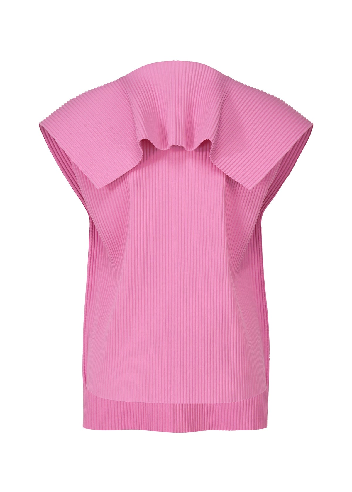 The TRICK PLEATS top by me ISSEY MIYAKE is a sleeveless, light pink piece with fine knit pleats, a high sculptural collar, and a structured design for an artistic, modern 3D silhouette. view 4 of 8