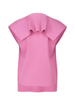 The TRICK PLEATS top by me ISSEY MIYAKE is a sleeveless, light pink piece with fine knit pleats, a high sculptural collar, and a structured design for an artistic, modern 3D silhouette.