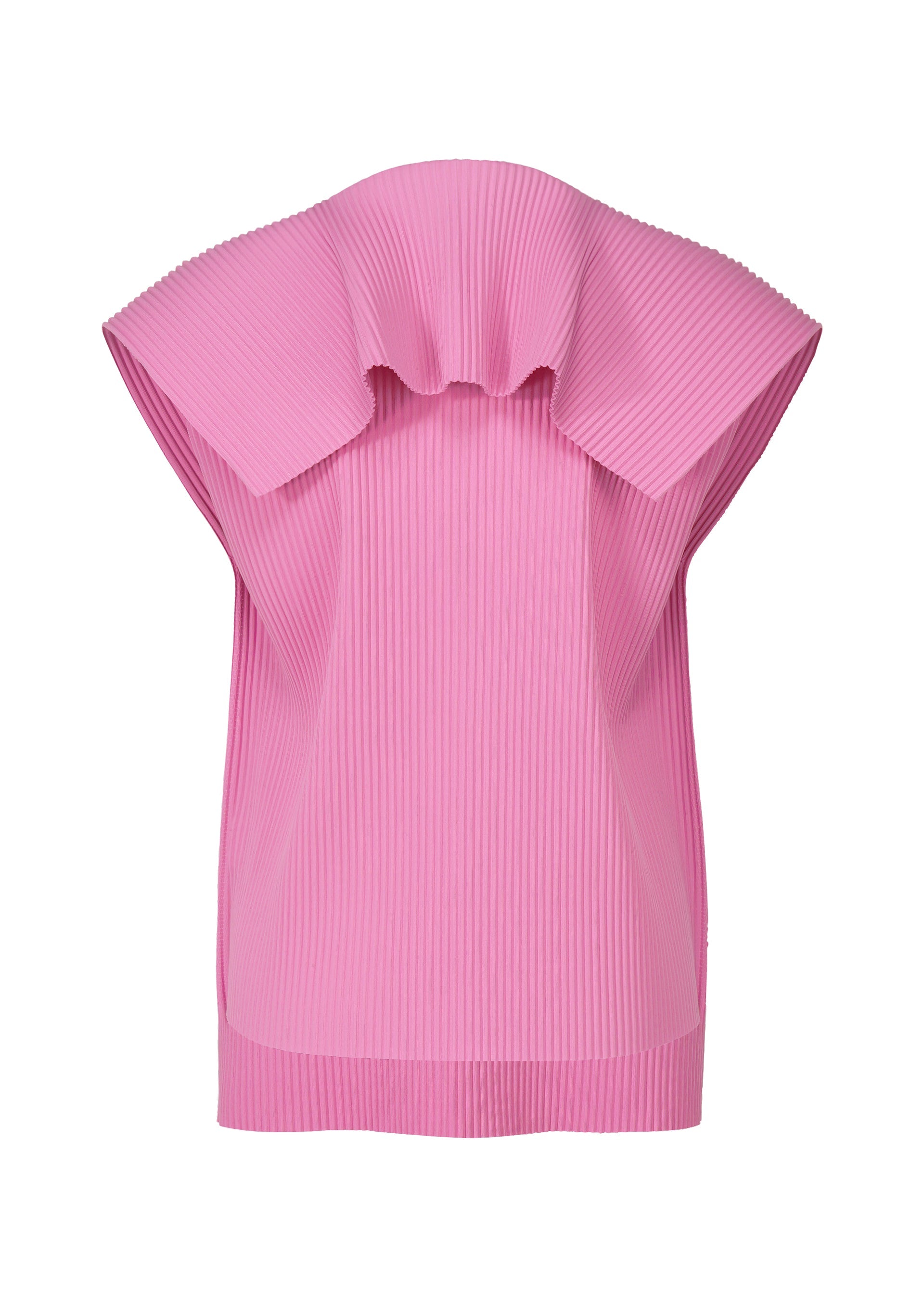 Zoomed view The TRICK PLEATS top by me ISSEY MIYAKE is a sleeveless, light pink piece with fine knit pleats, a high sculptural collar, and a structured design for an artistic, modern 3D silhouette.