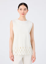 A woman with straight black hair in a low bun models the APERTURE PLEATS sleeveless white top and matching pants by me ISSEY MIYAKE, featuring oval cut-outs, against a plain white background.